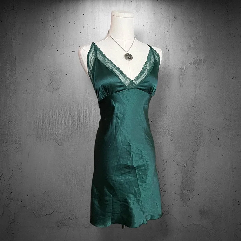 Floral Lace Trim Satin Chemise Slip Dress Med Forest Green Coquette Fairycore - Picture 3 of 7